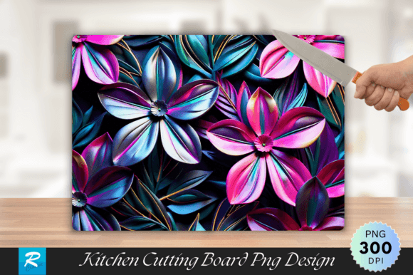 3D Neon Floral Cutting Board PNG Design: A Modern Twist for Kitchen Decor and Sublimation Projects